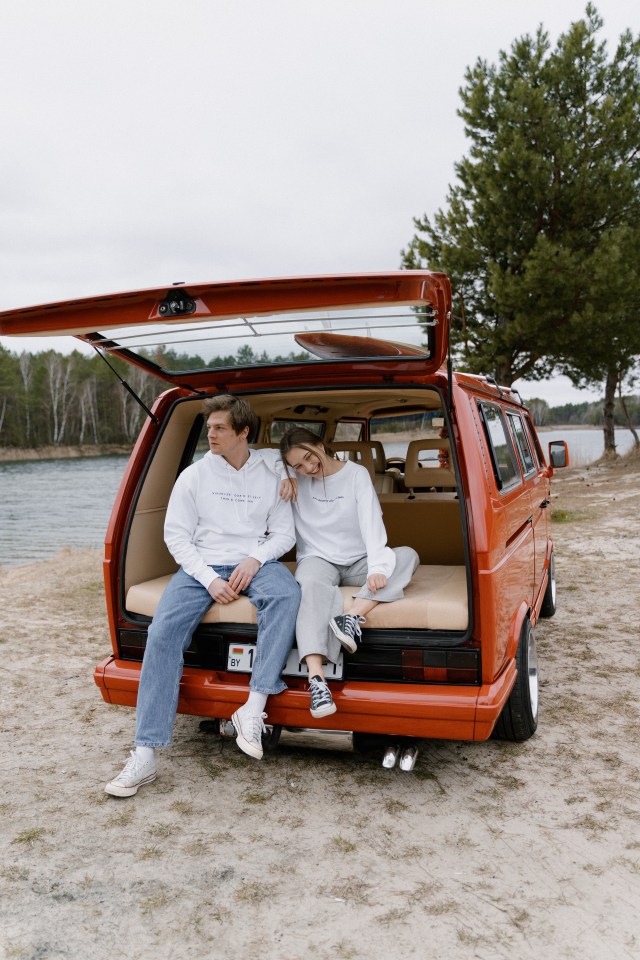 Happy couple on road trip