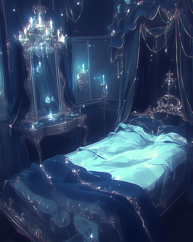Fantasy illustration of a dark baroque bedroom with an ornate canopy bed, glowing crystal chandelier, and shimmering blue ambient light.