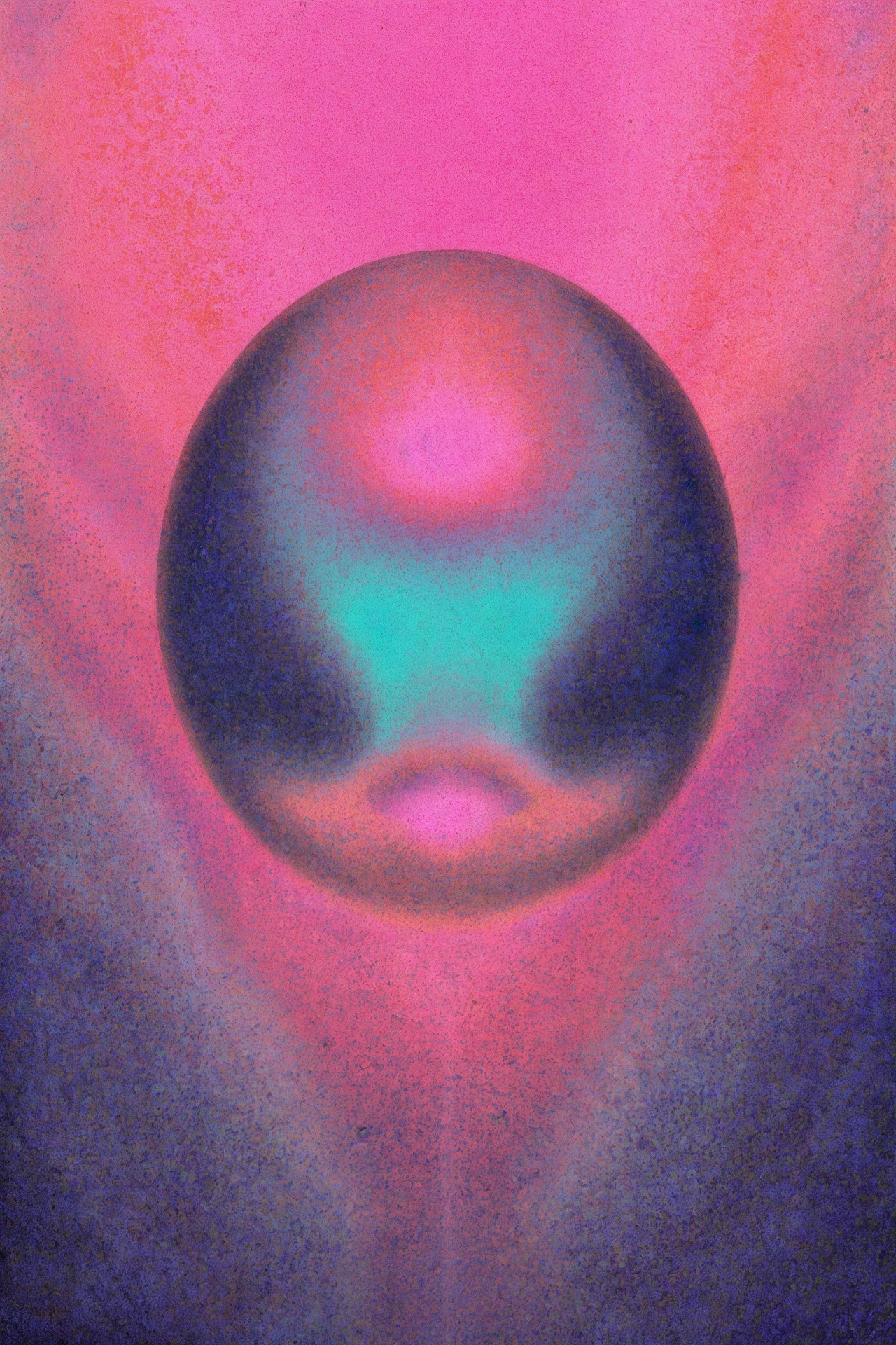Abstract digital artwork of a dark spherical orb with teal and pink highlights floating against a textured pink and purple gradient background.