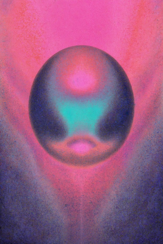 Abstract digital artwork of a dark spherical orb with teal and pink highlights floating against a textured pink and purple gradient background.
