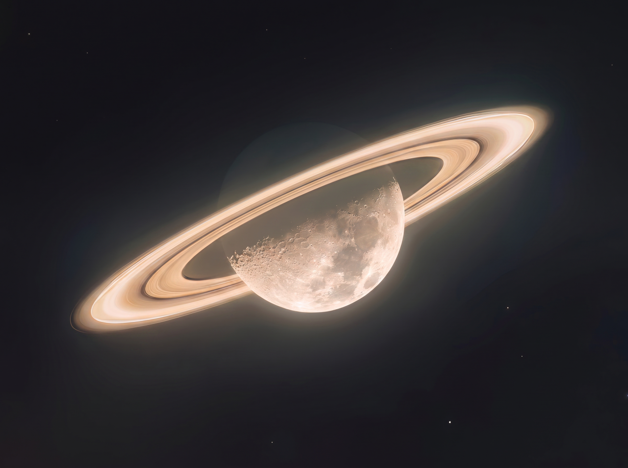 AI-generated image of a cratered moon encircled by Saturn's glowing golden rings against a dark space background.