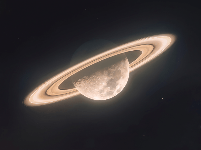 AI-generated image of a cratered moon encircled by Saturn's glowing golden rings against a dark space background.
