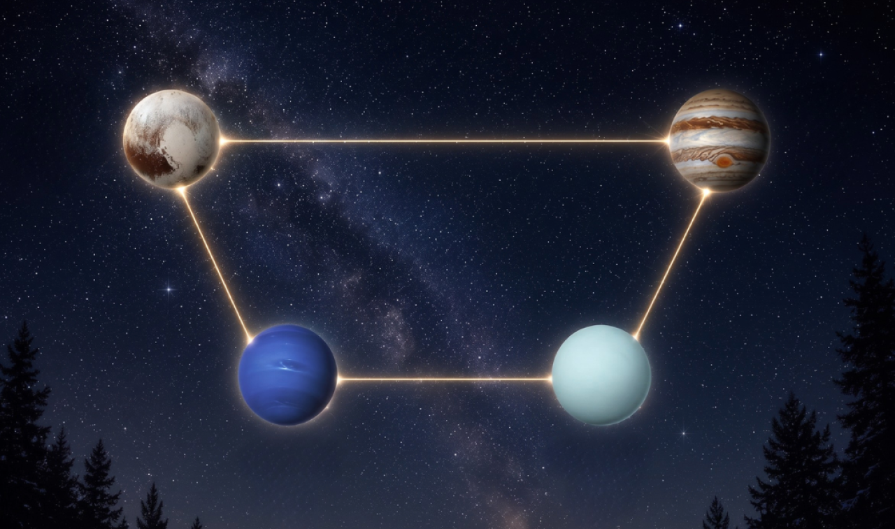 Illustrated diagram of four planets — Pluto, Jupiter, Neptune, and Uranus — connected by golden lines in a trapezoid cradle formation against a starry night sky.