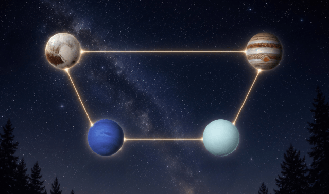 Illustrated diagram of four planets — Pluto, Jupiter, Neptune, and Uranus — connected by golden lines in a trapezoid cradle formation against a starry night sky.