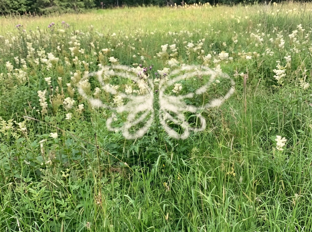 Glowing white butterfly outline overlaid on a green wildflower meadow with tall grasses and small white blooms.