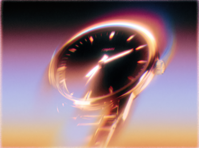 Close-up of a gold wristwatch with a black dial, surrounded by glowing motion blur streaks against a purple and orange gradient background.