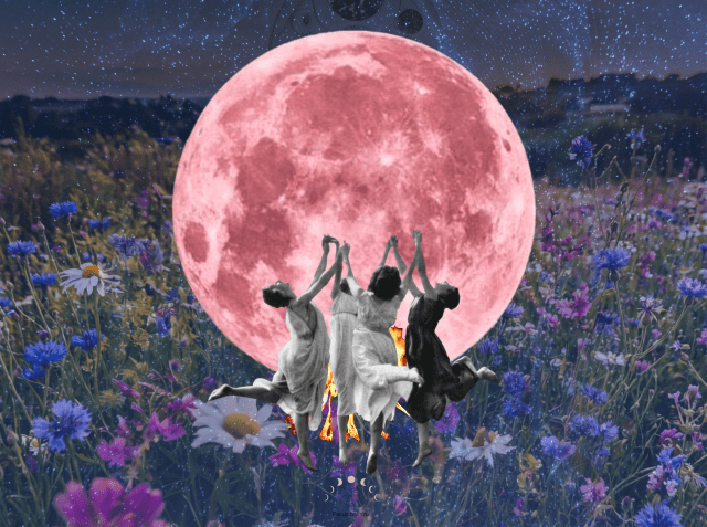 Digital collage of three women in flowing dresses dancing around a fire under a large pink full moon over a wildflower field at night.