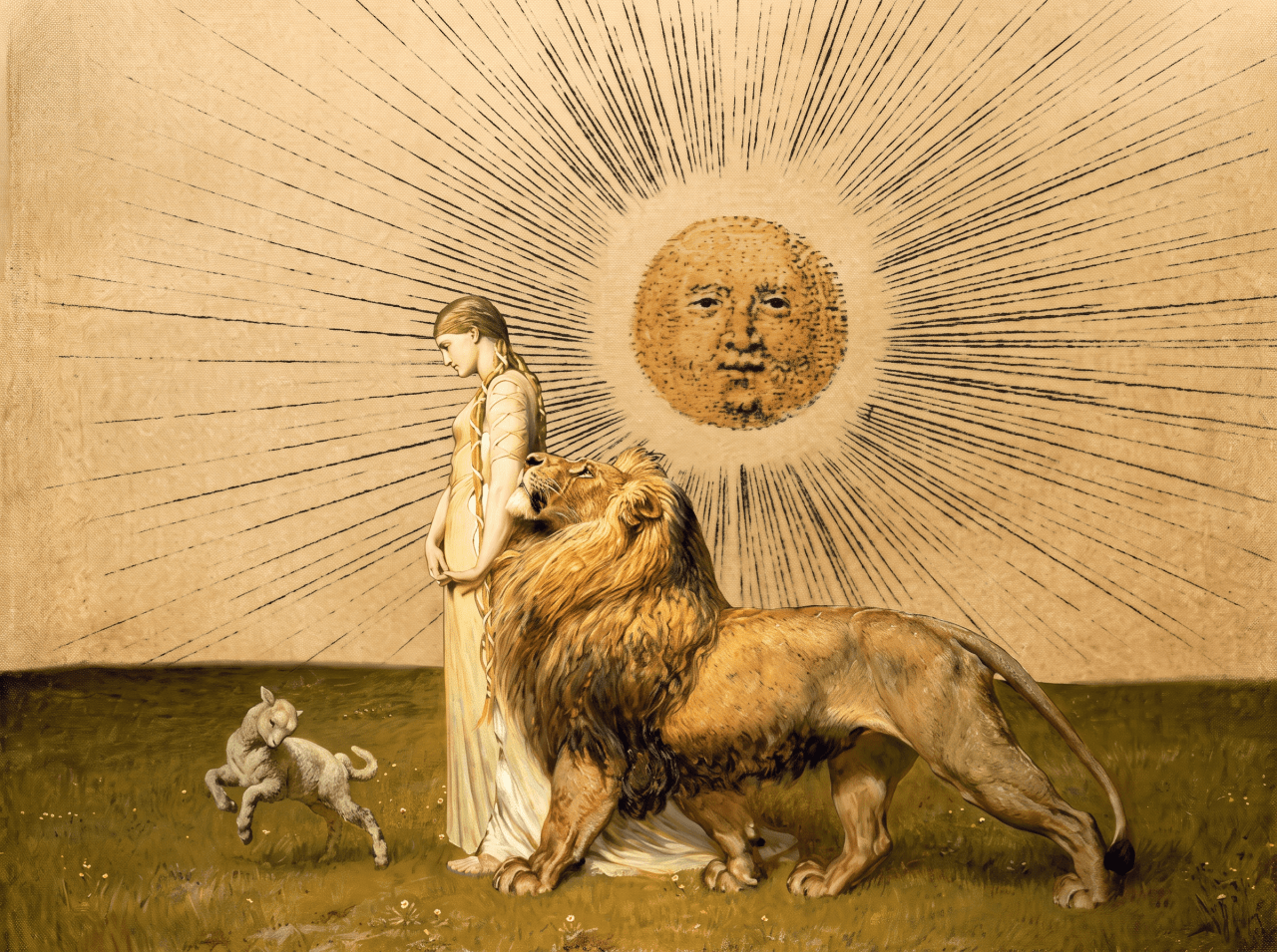 Surreal painting of a robed woman with a lion and a leaping lamb beneath a radiant sun with a human face, set in a golden field.