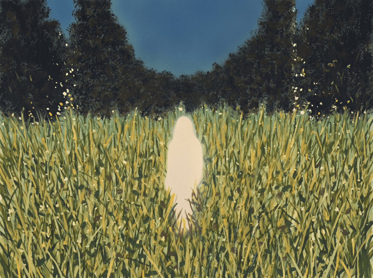 Painting of a glowing white figure standing in a lush green and gold grass field at dusk, with dark trees lining the background.