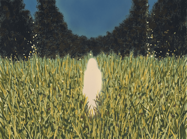 Painting of a glowing white figure standing in a lush green and gold grass field at dusk, with dark trees lining the background.