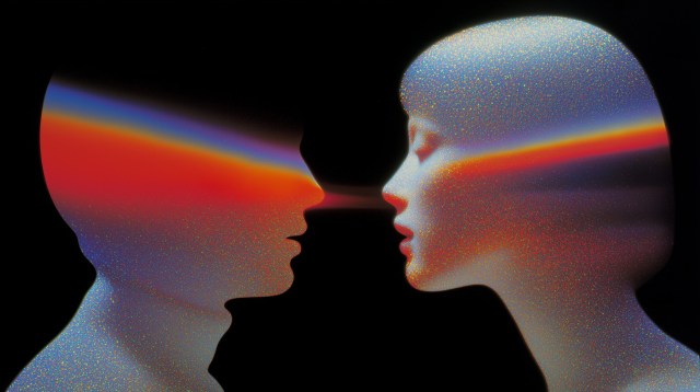Stylized digital illustration of two human silhouettes facing each other in profile, overlaid with glowing rainbow light bands on a black background.