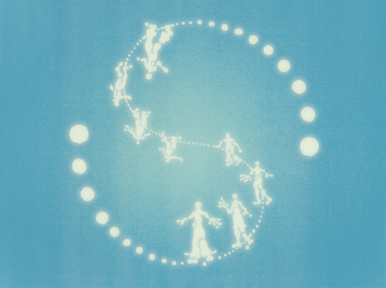 Glowing white human figures and orbs arranged in a spiraling circle against a soft blue background, suggesting transformation and cosmic cycles.