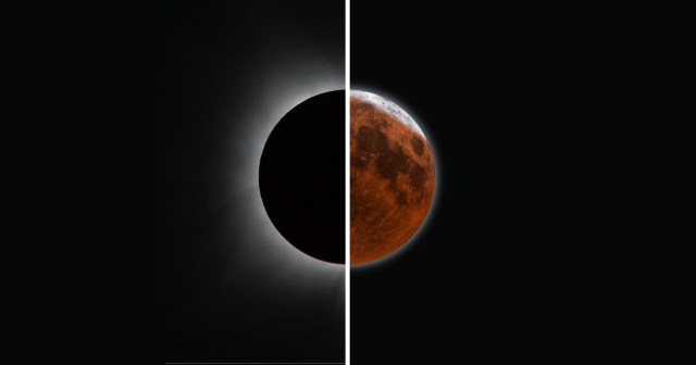 Split composite image of the Moon during a lunar eclipse: left half mostly in shadow with a white glow, right half glowing deep red-orange against a black sky.